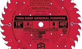 Red circular saw blade, Freud brand, 10" diameter, thin kerf general purpose, 40 teeth, industrial grade.